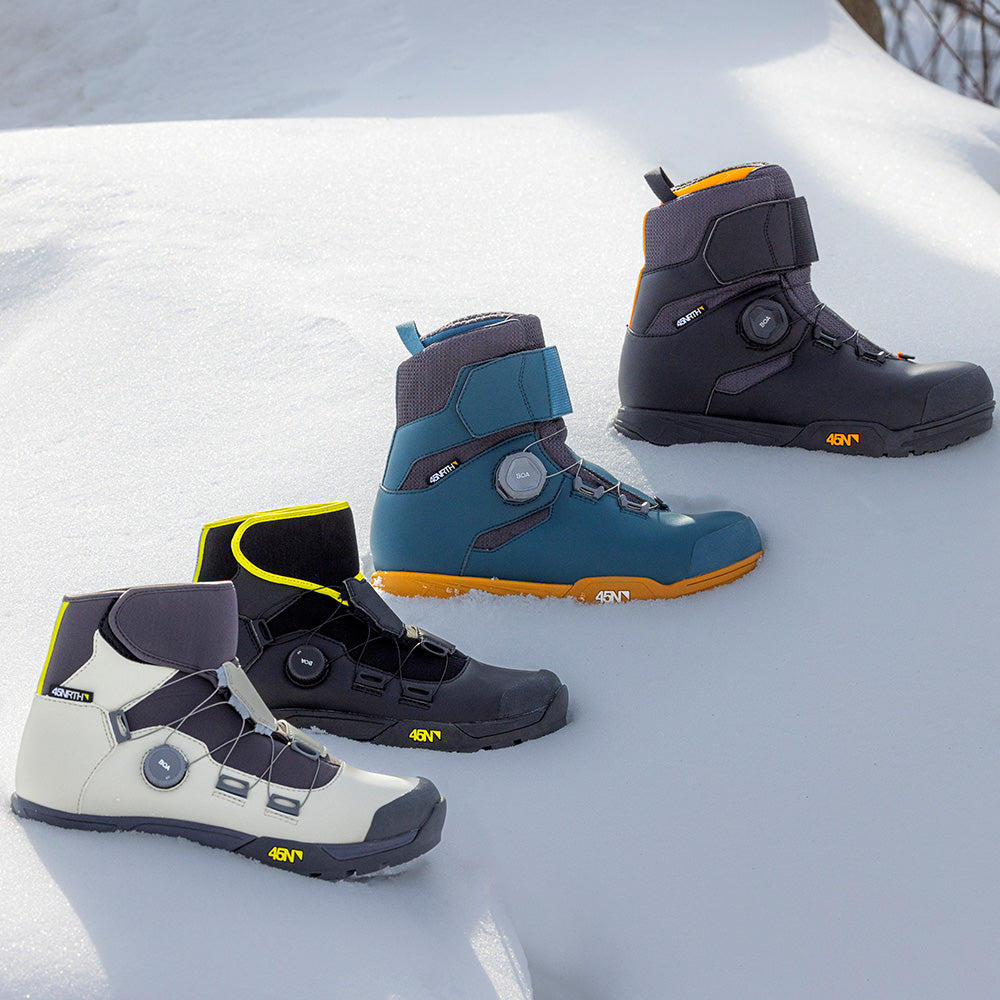 45NRTH Boot models all displayed next to each other outside in snow