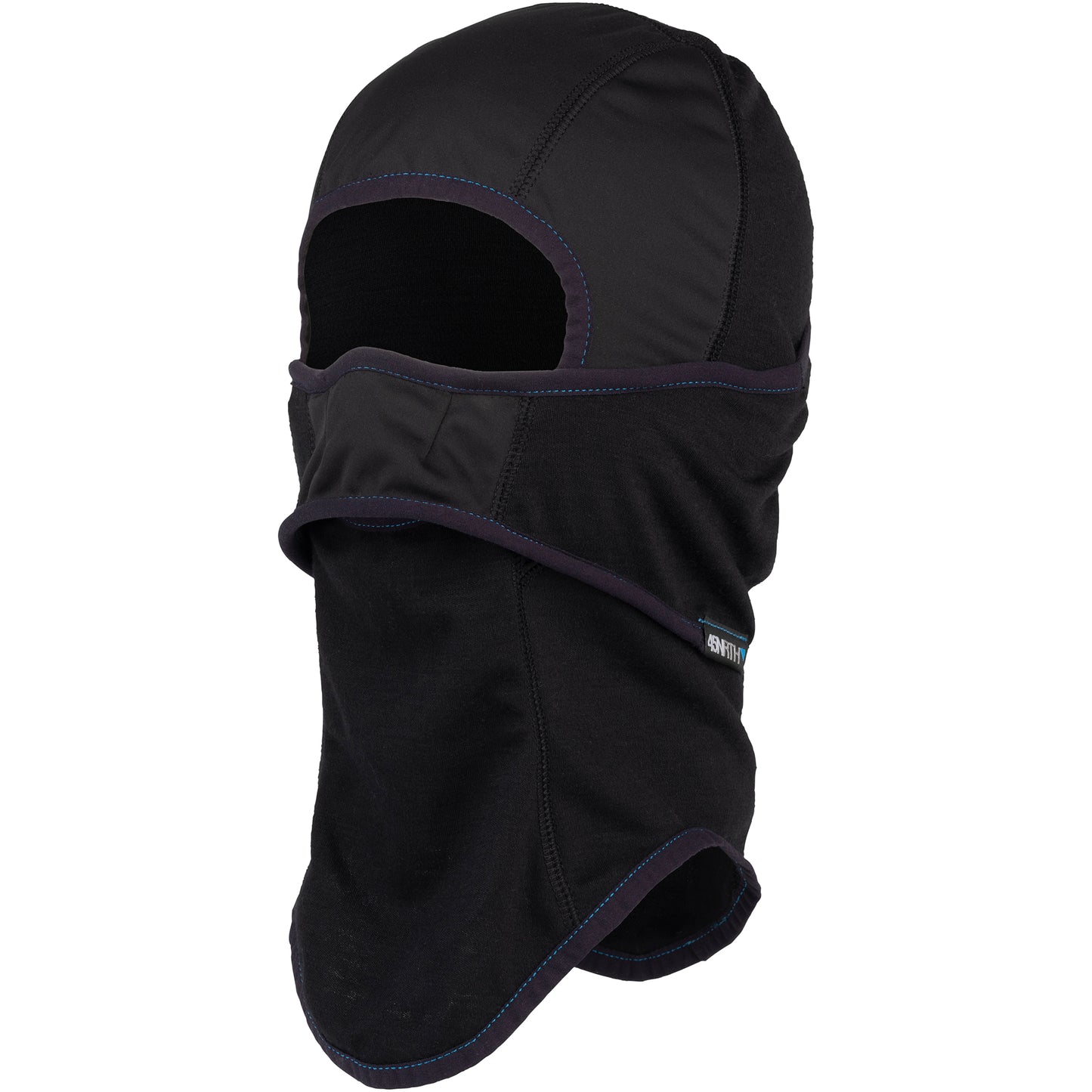 45NRTH Baklava Balaclava black winter cycling balaclava showing coverage three-quarter front view