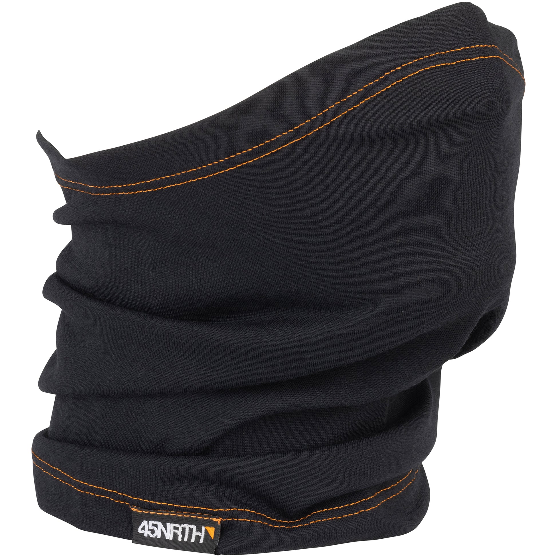 45NRTH Blowtorch Neck Gaiter black showing fit over mouth and nose, 45NRTH logo on bottom cuff
