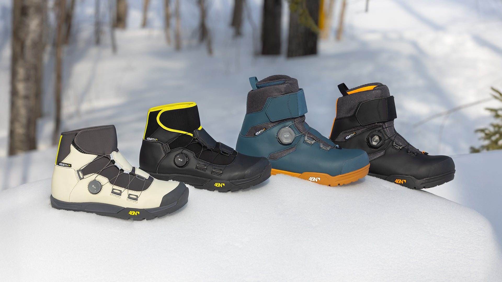 45NRTH Boot models all displayed next to each other outside in snow