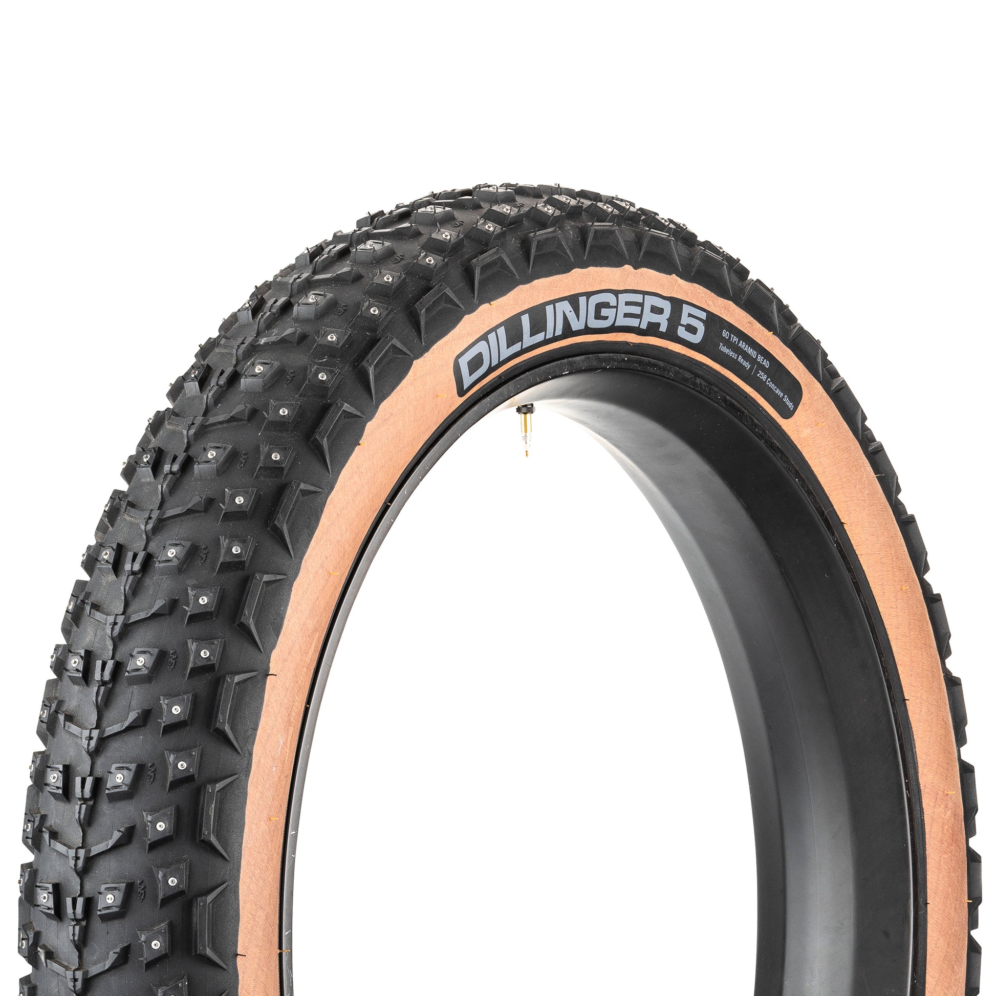 45NRTH Dillinger 5 Studded Tire three-quarter view showing tread and tan sidewall