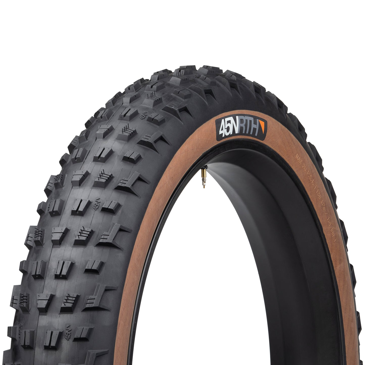 45NRTH Vanhelga Fat Tire tan three-quarter view showing tread and sidewall