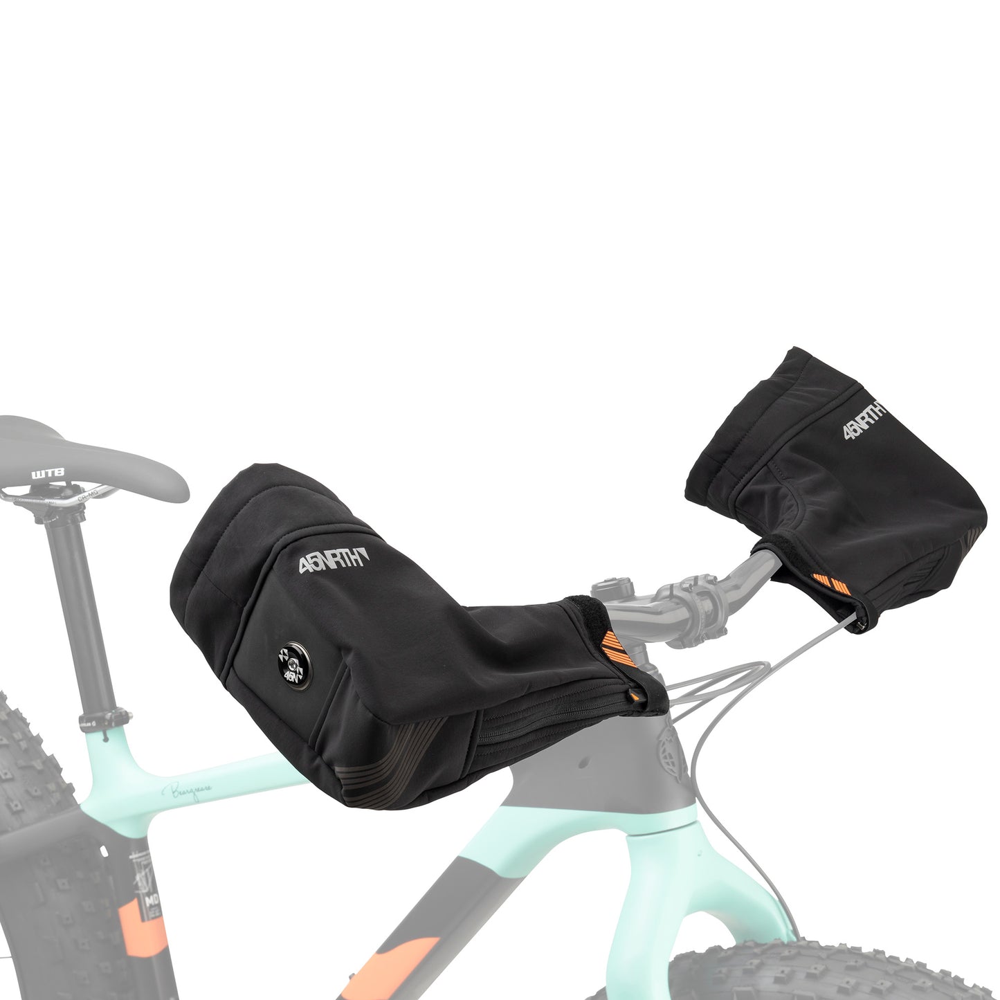 45nrth Draugenklaw Flat Bar Pogies - Black - front three quarter view on handlebars