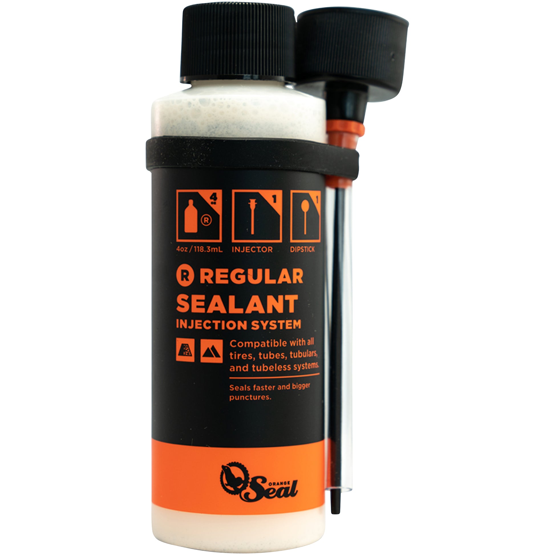 Bottle of 4oz Orange Seal tubeless tire sealant with injector nozzle on a white background