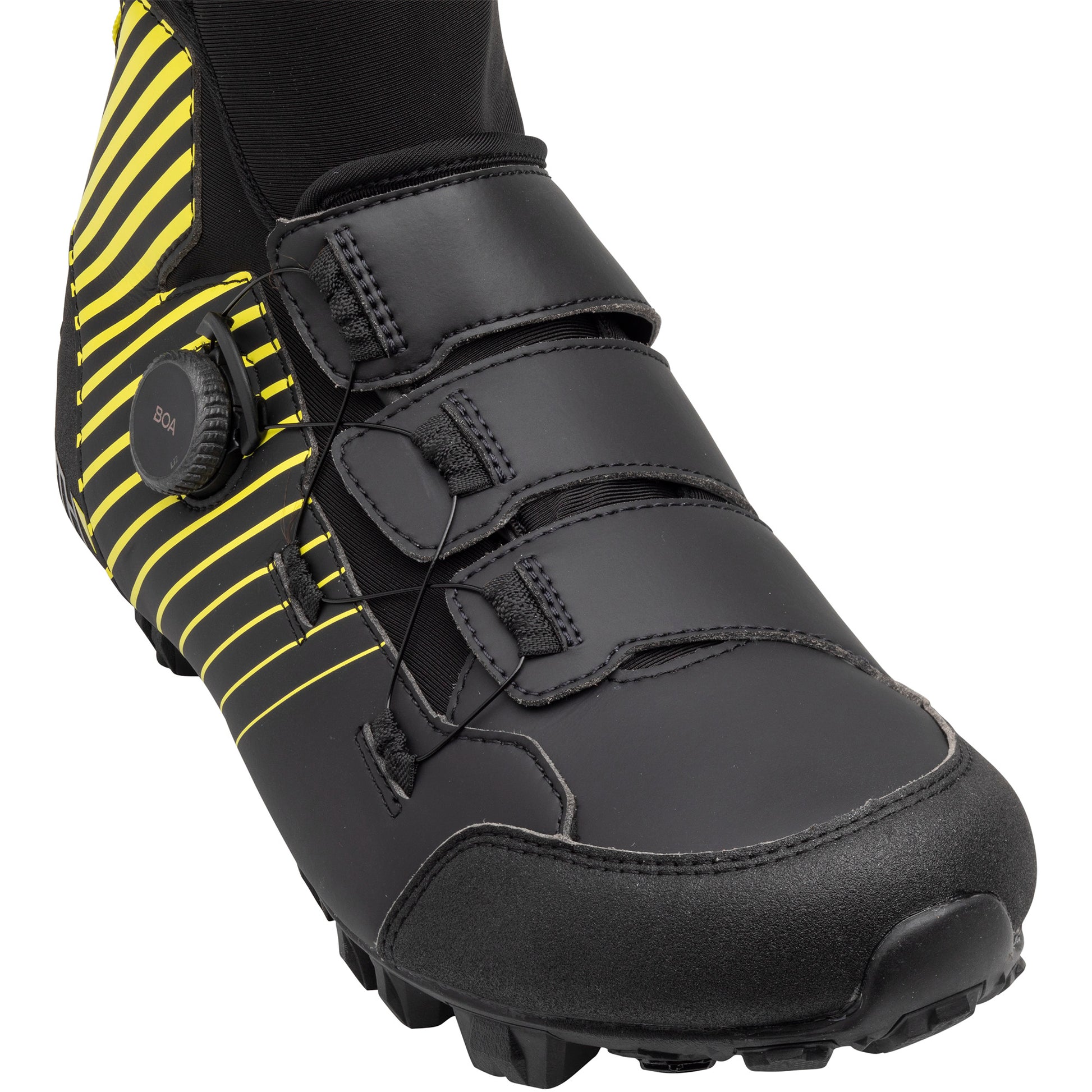 45nrth Ragnarok Tall Cycling Boot - Black/Yellow - Closeup of toe