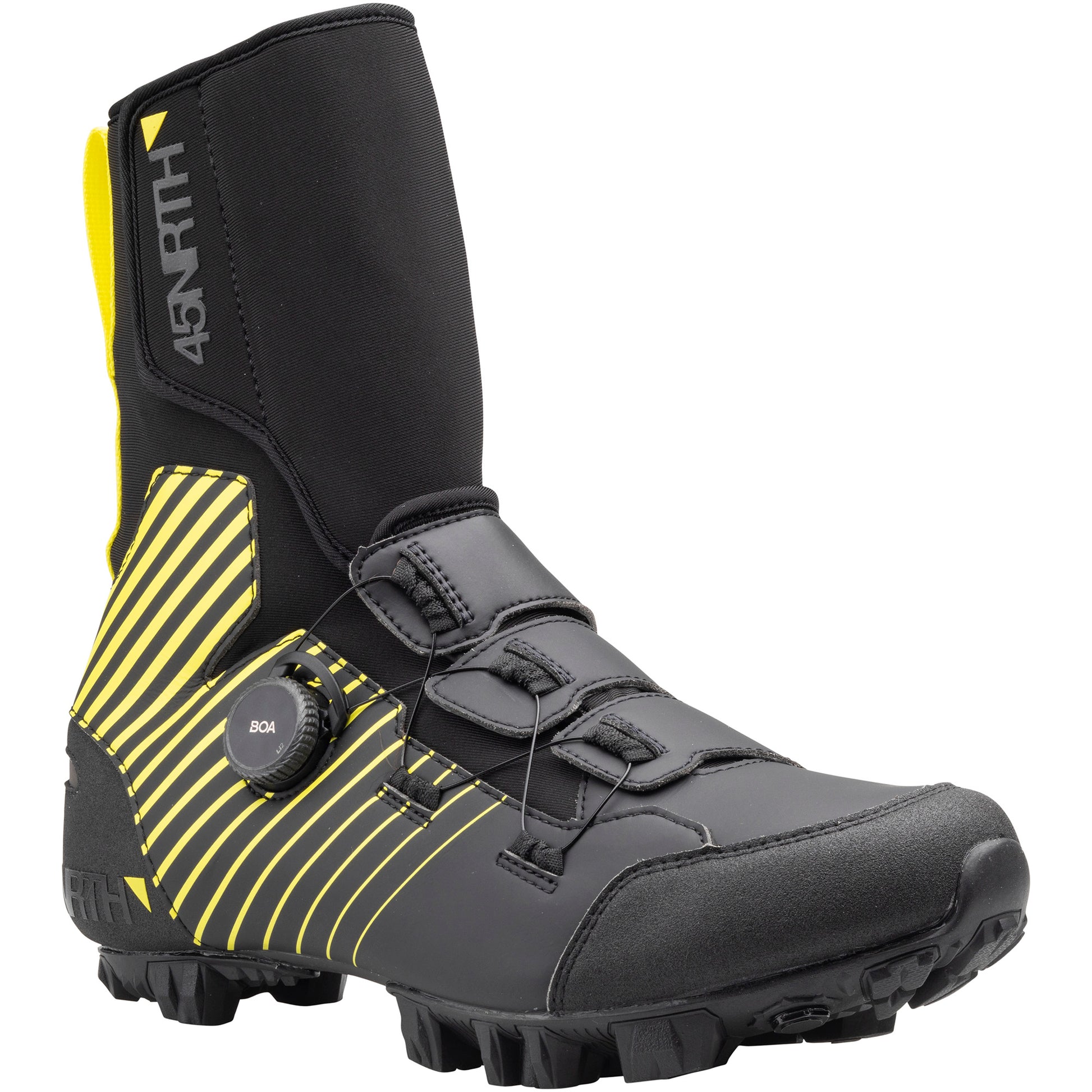 45nrth Ragnarok Tall Cycling Boot - Black/Yellow - Front three quarter view