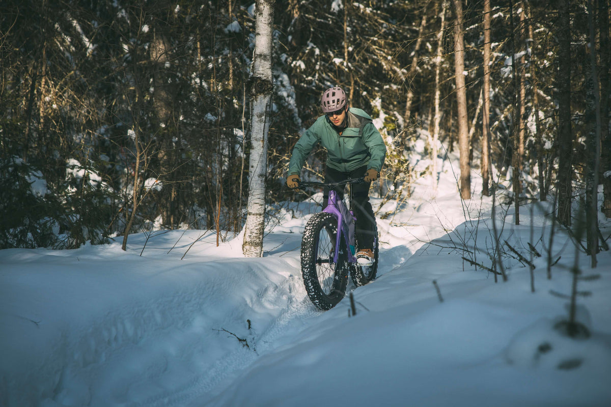 A person riding a purple fat tire bike through deep snow in a wooded forest setting.