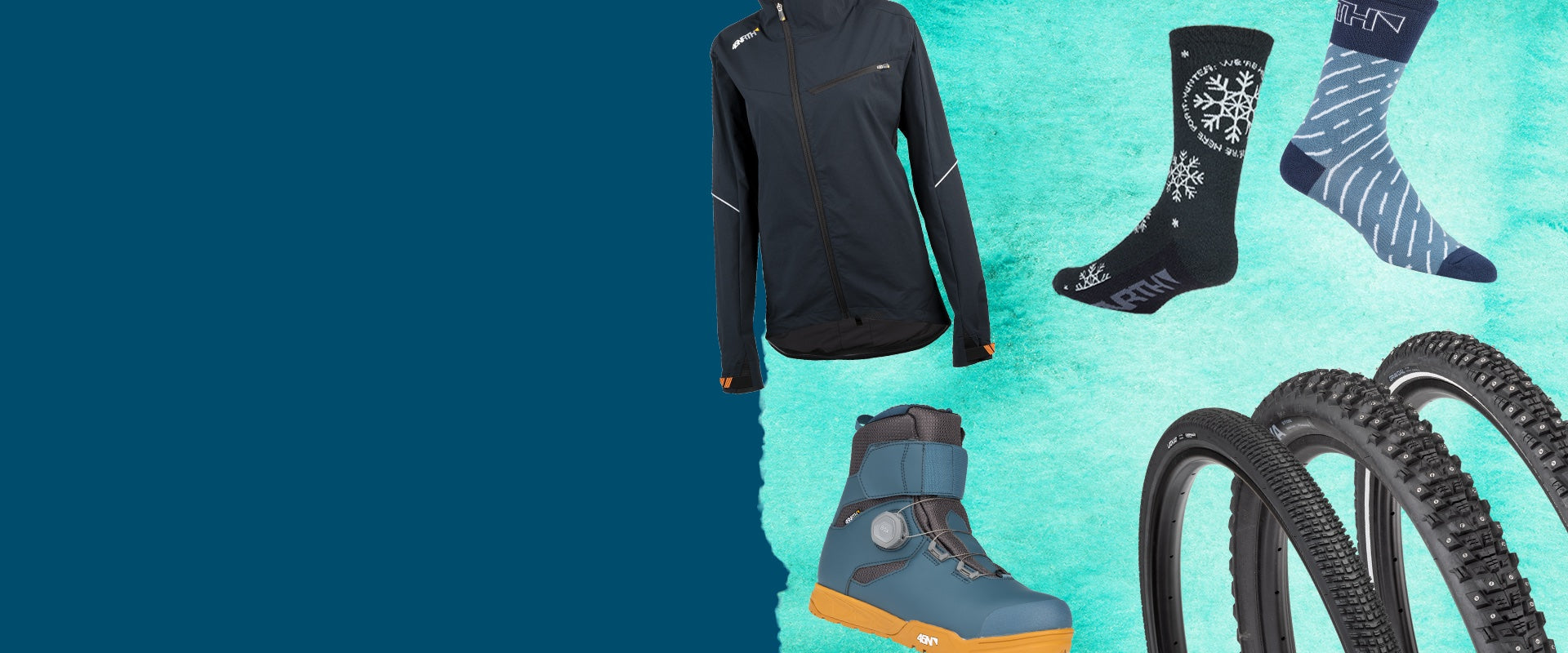 Collage of outdoor gear including a jacket, boots, socks, and bike tires on a teal background.