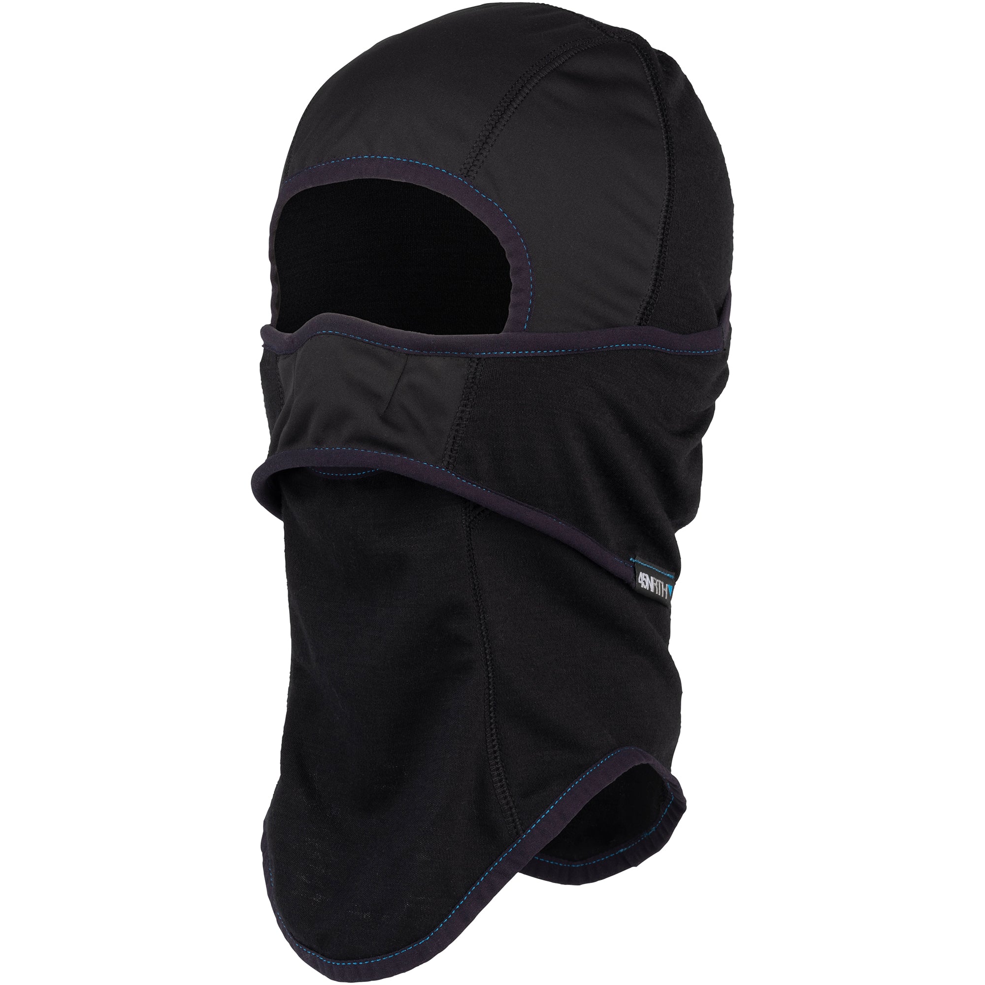 45NRTH Baklava Balaclava black winter cycling balaclava showing coverage three-quarter front view