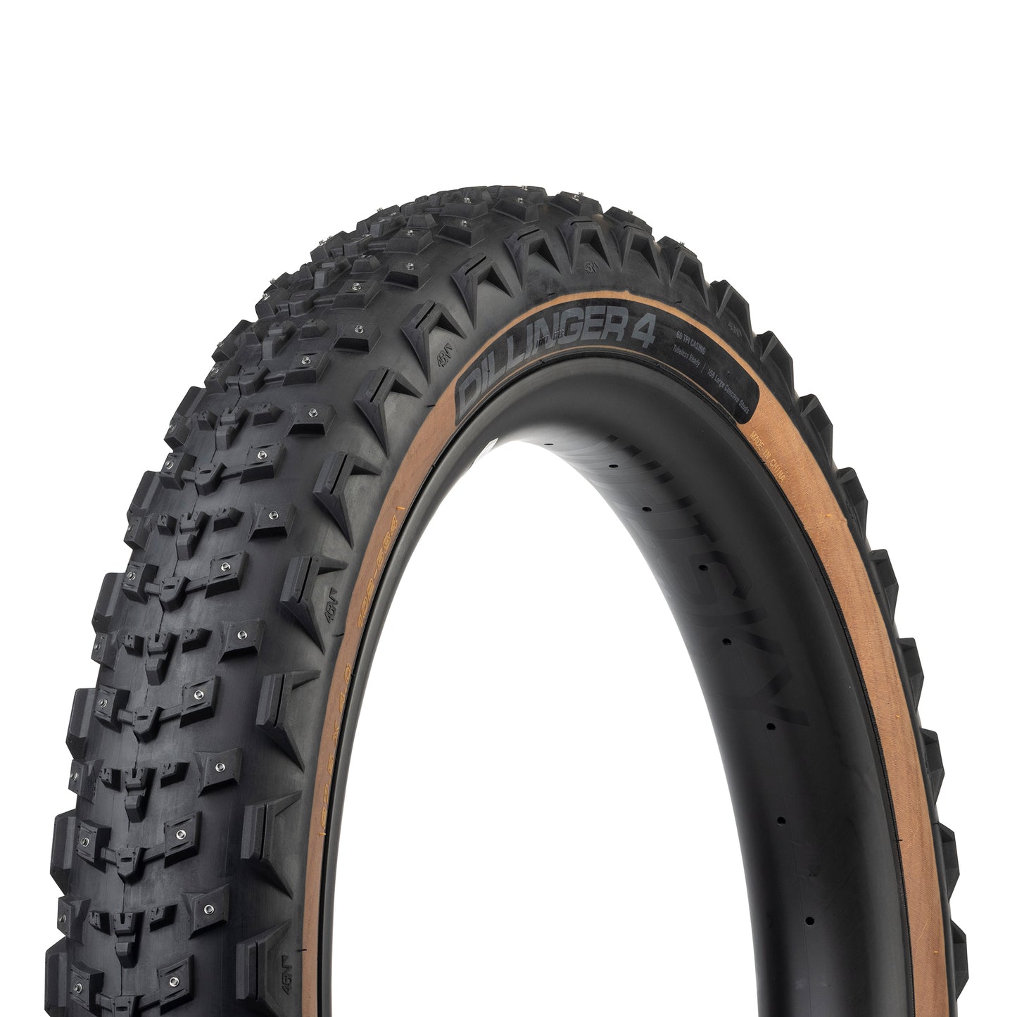 45NRTH Dillinger 4 Studded Tire three-quarter view showing tread and tan sidewall