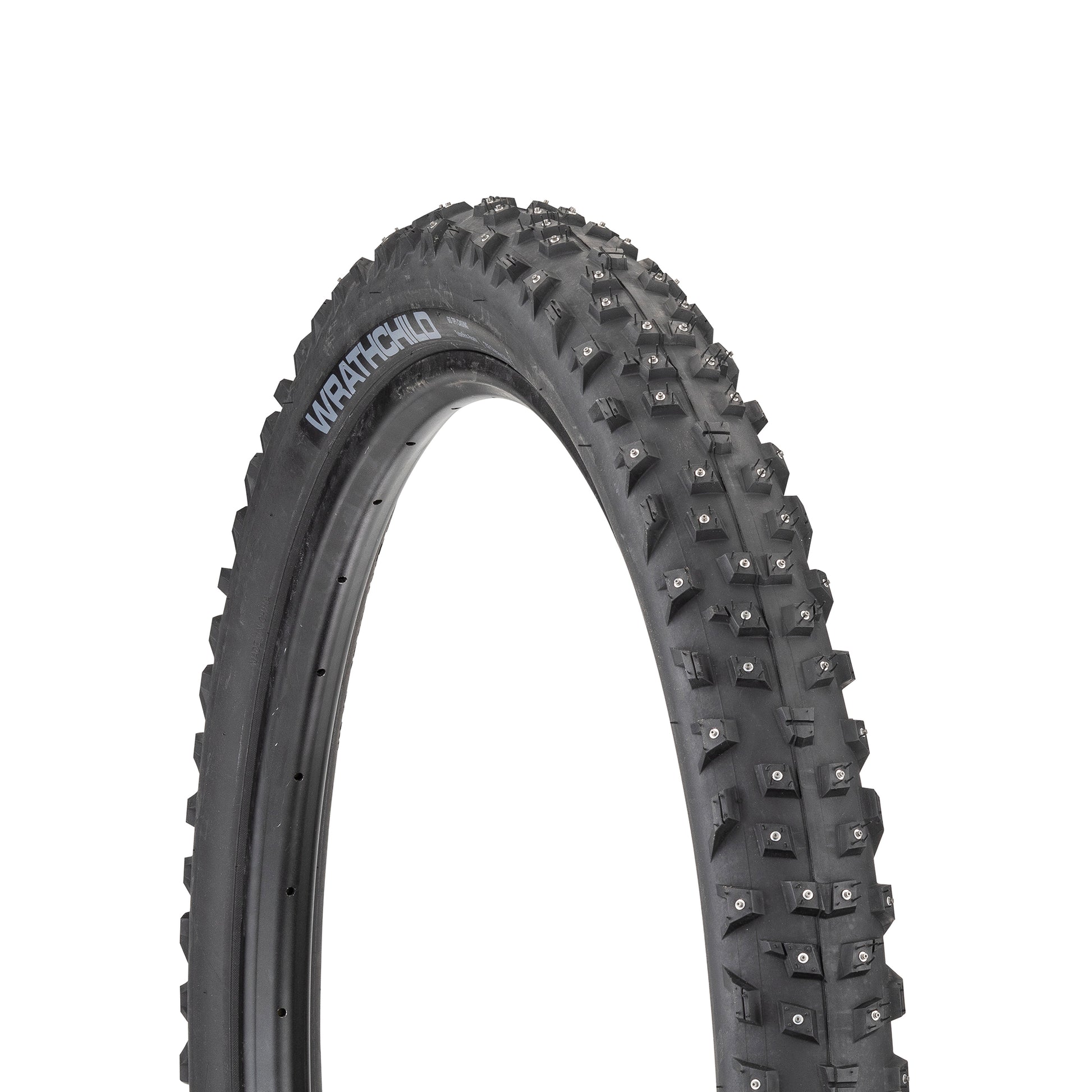 45NRTH Wrathchild Studded Trail Tire three-quarter view showing tread, studs and sidewall