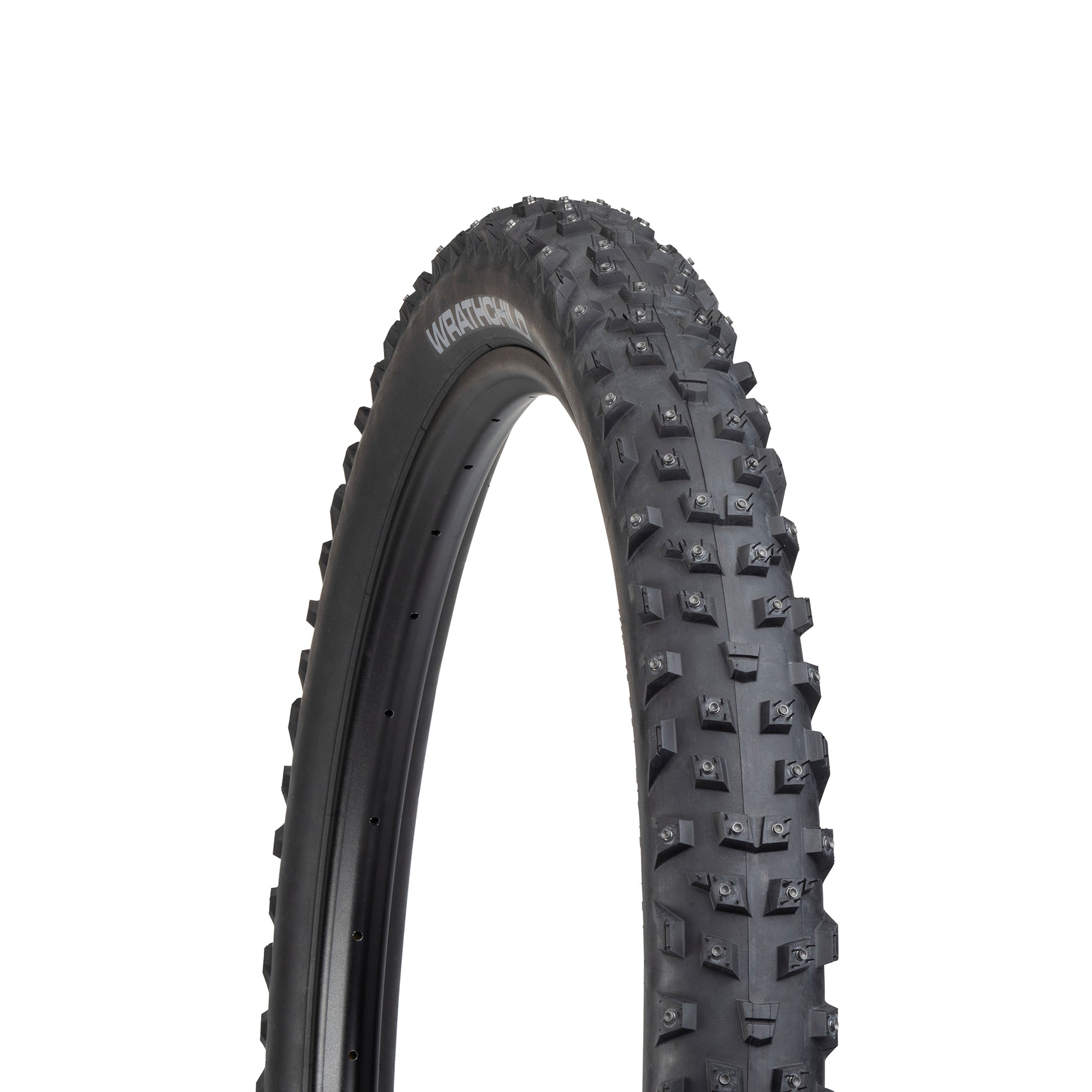 45NRTH Wrathchild Studded Trail Tire three-quarter view showing tread, XL studs and sidewall