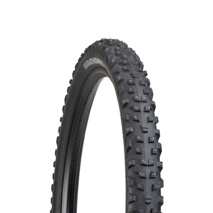 45NRTH Wrathchild Studded Trail Tire three-quarter view showing tread, XL studs and sidewall