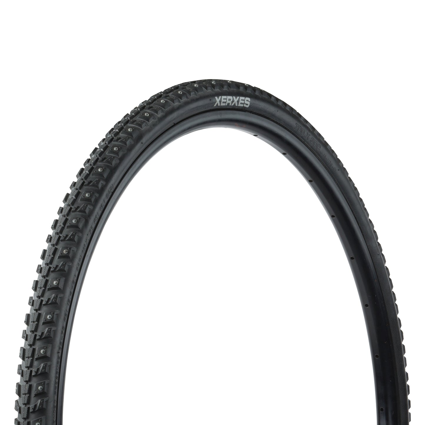 45NRTH Xerxes Tire studded three-quarter view showing tread and sidewall