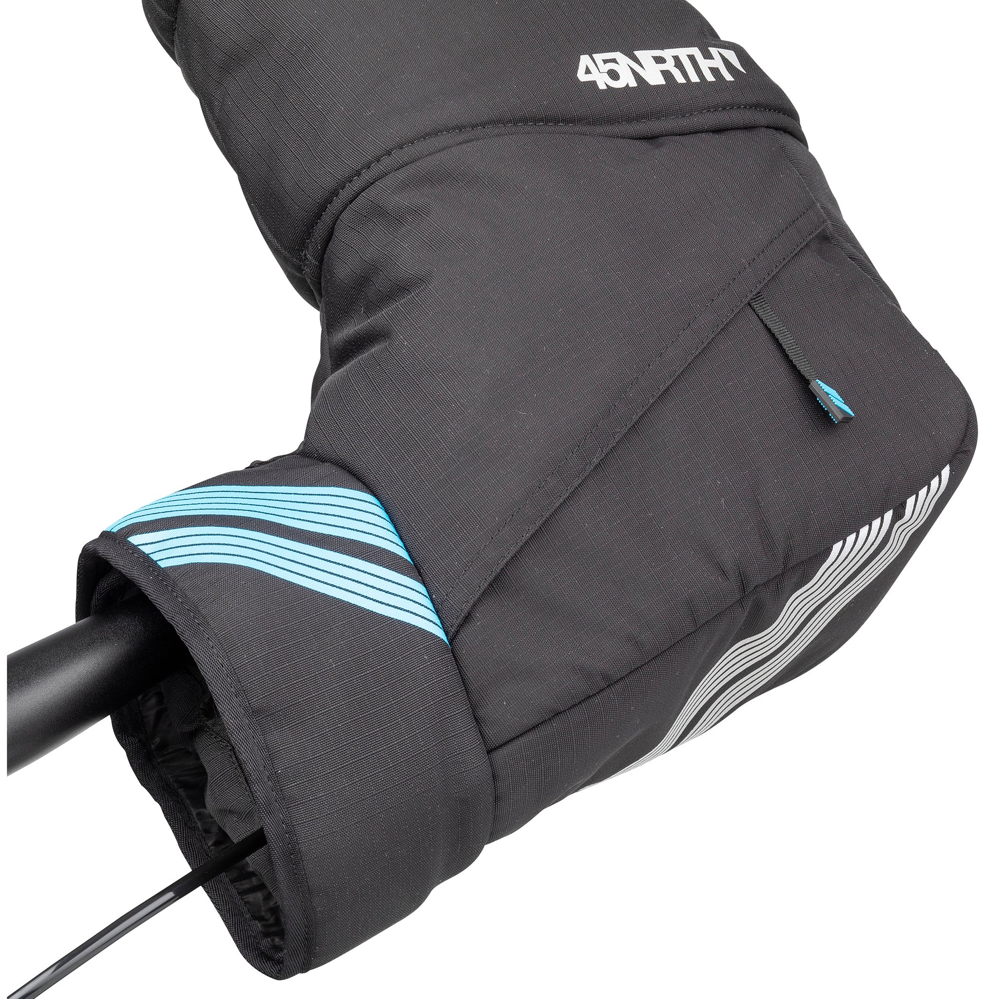 45nrth Cobrafist Pogies - Black - Top down three quarter view of one side on handlebars