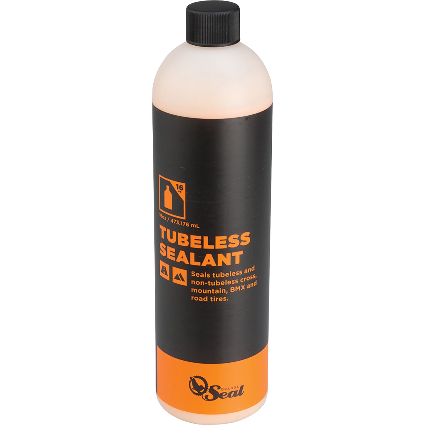 Bottle of Orange Seal tubeless tire sealant with black and orange label on a white background