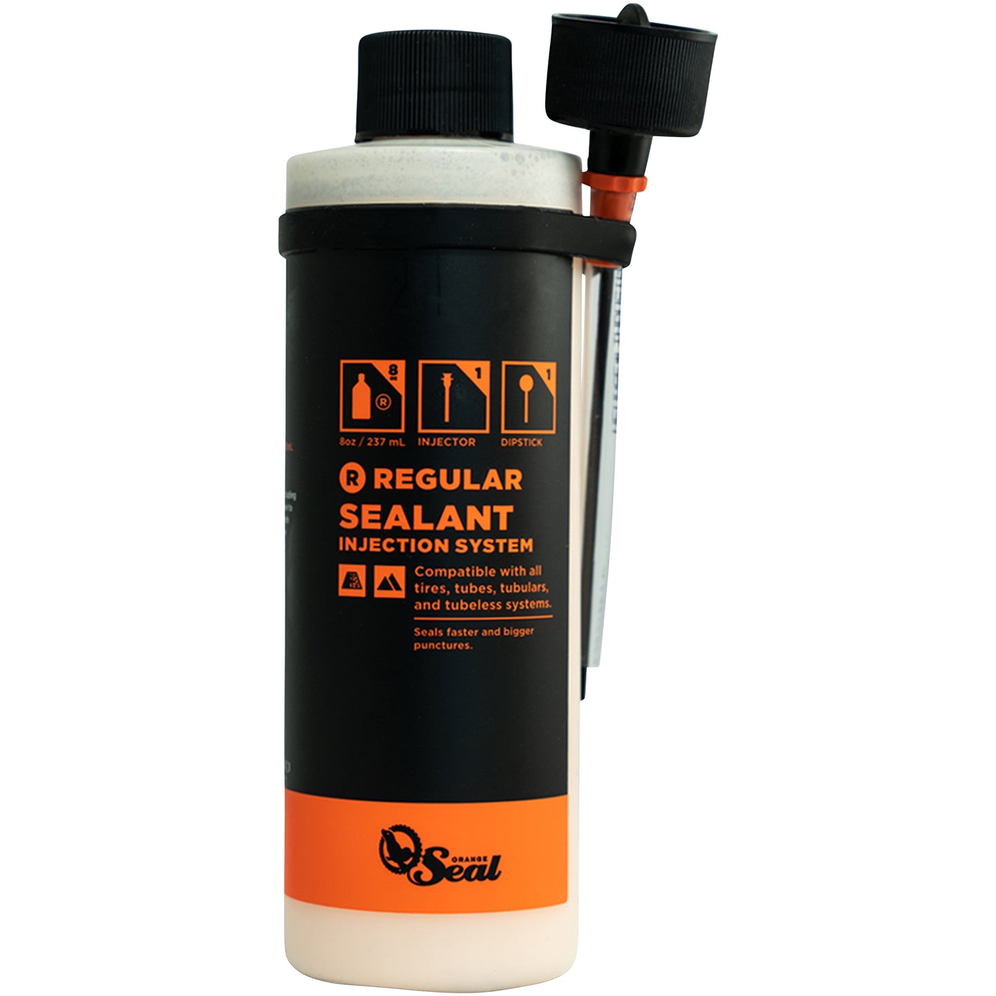 Bottle of 8oz Orange Seal tubeless tire sealant with injector nozzle on a white background